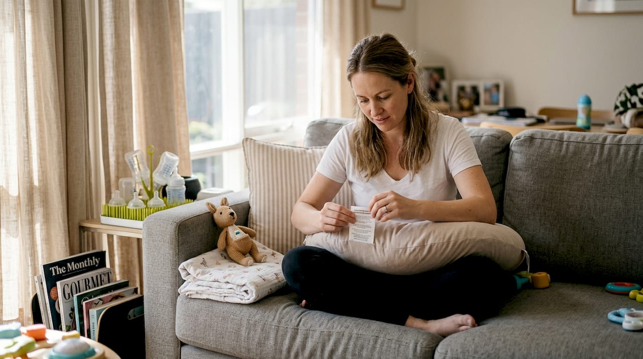Mother checking care tag on nursing pillow