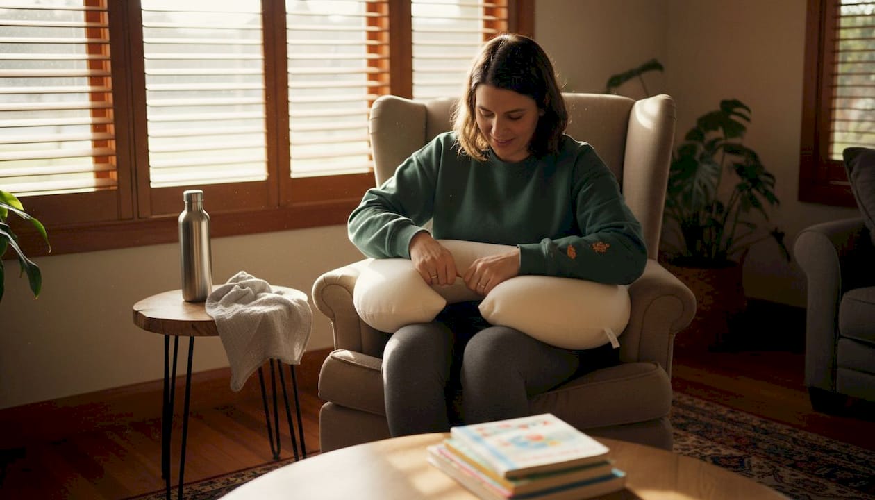 Mother setting up nursing pillow in living room
