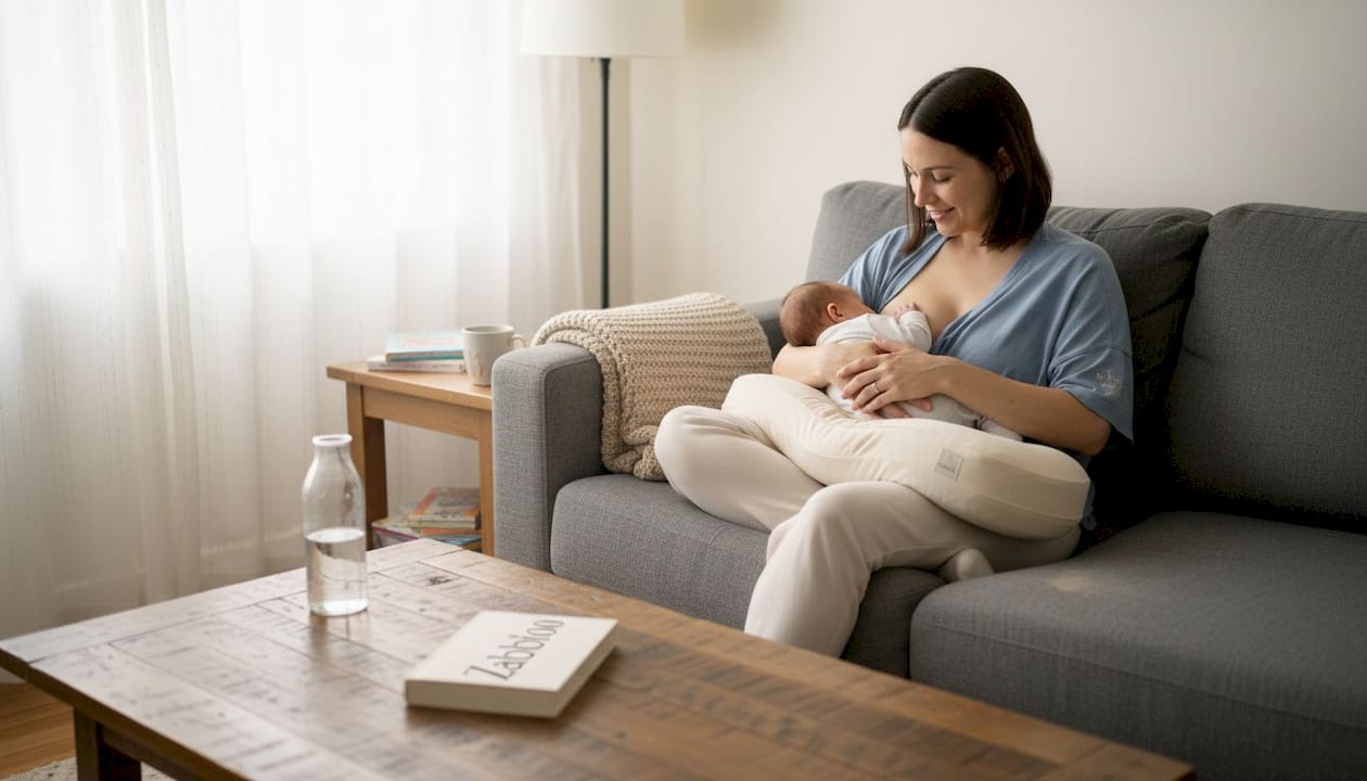 Mum breastfeeding with adjustable nursing pillow