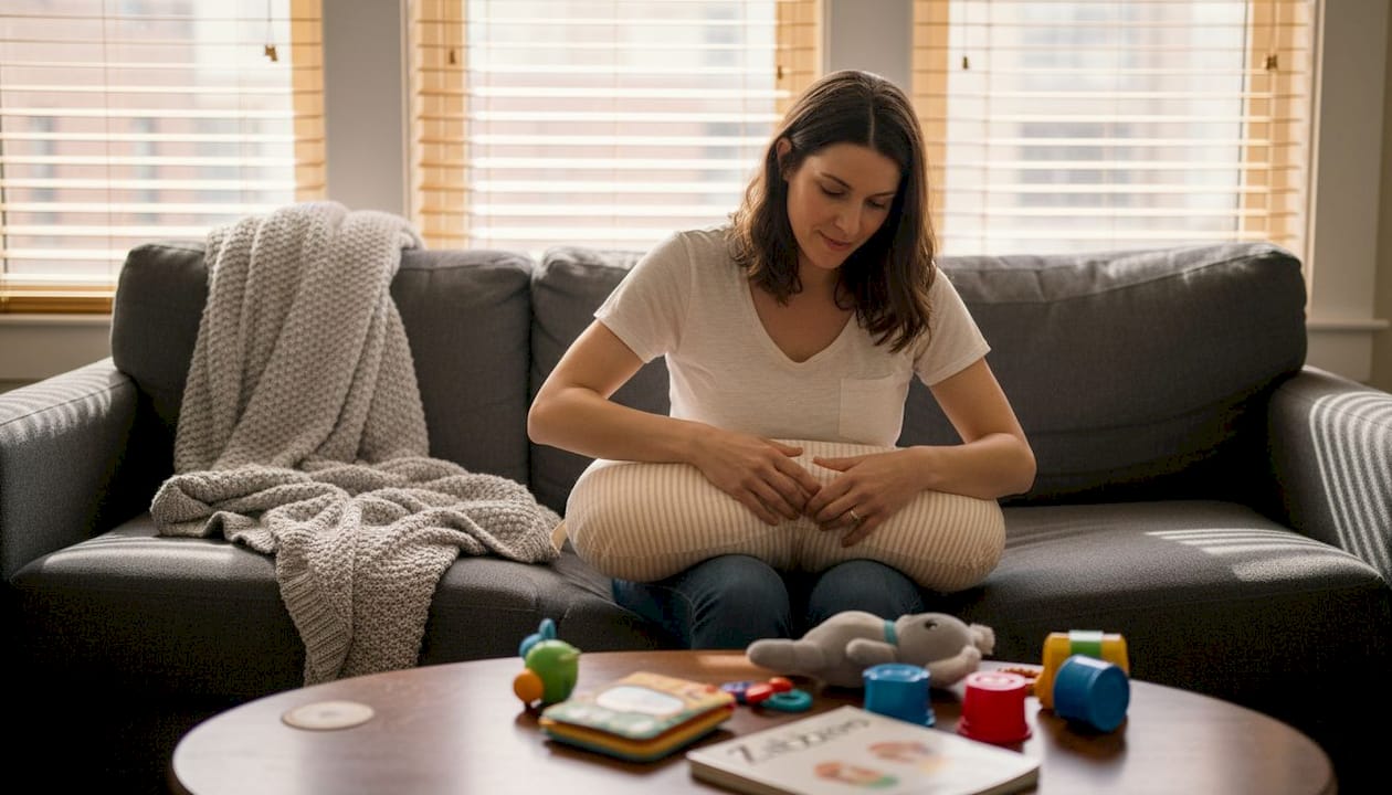 Mother checking feeding pillow fit on sofa