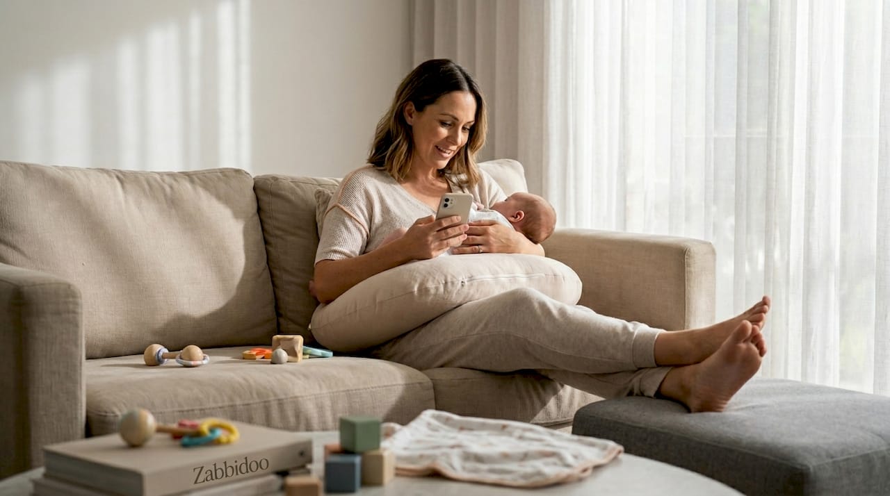 Mother using nursing pillow in comfortable living room