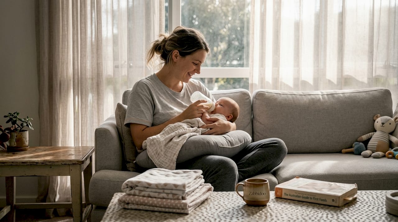 Mother feeding baby with nursing pillow on sofa