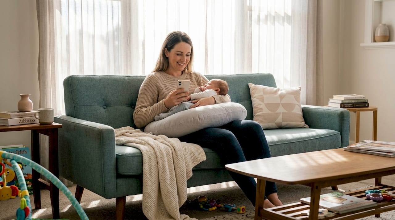 Mother using nursing pillow in sunny living room
