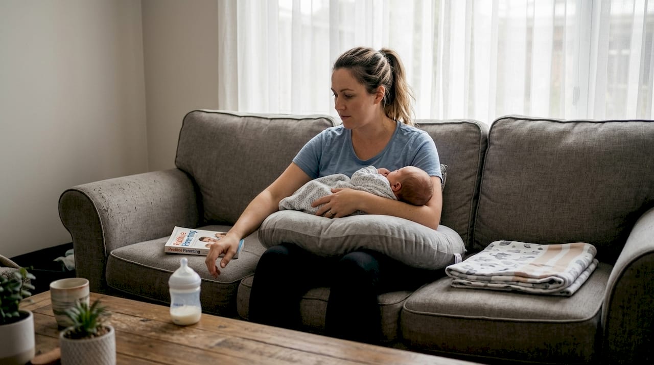 Mother feeding baby with nursing pillow in use