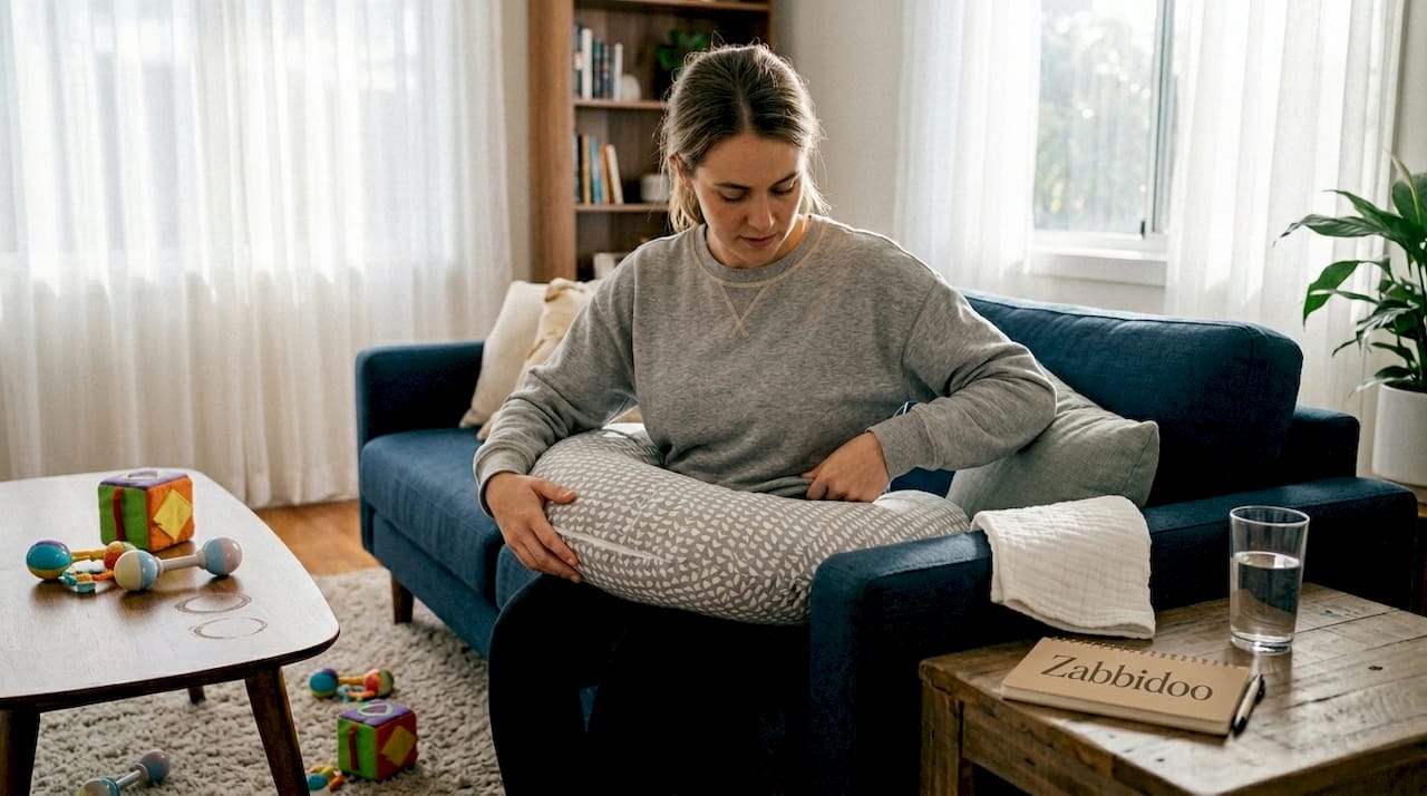 Mother setting up nursing pillow in living room