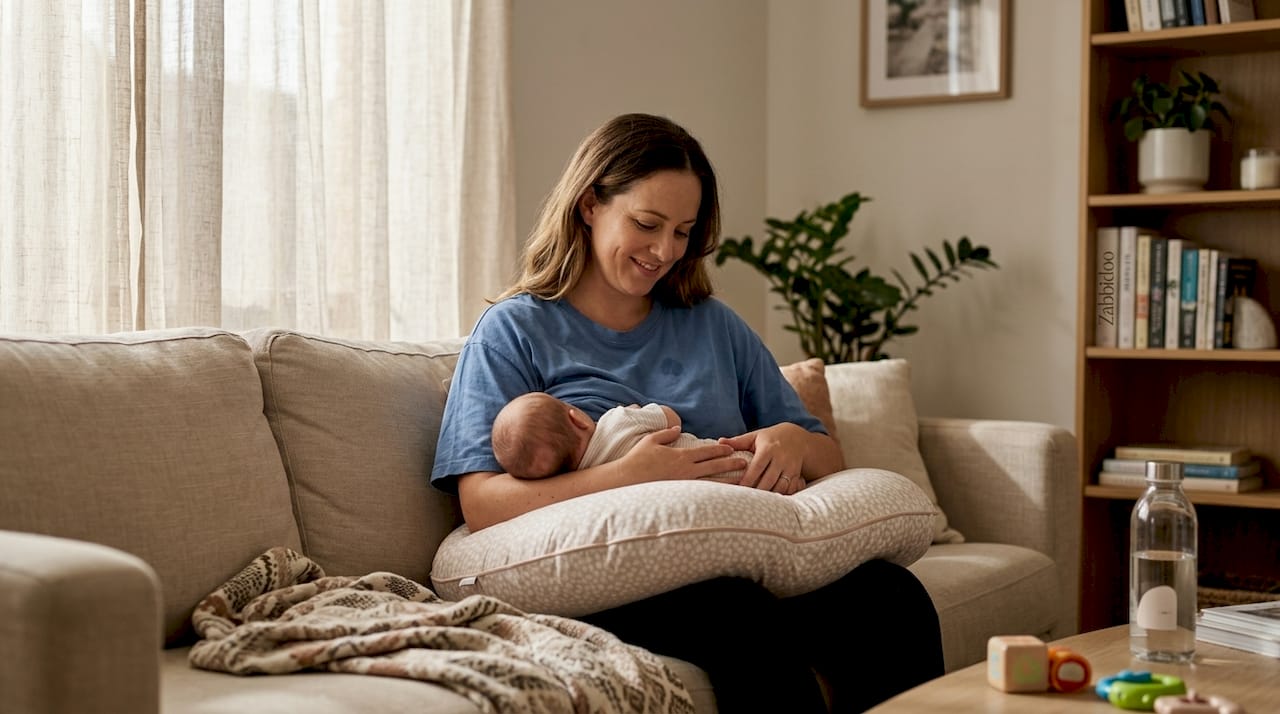 Mother breastfeeding baby on living room sofa