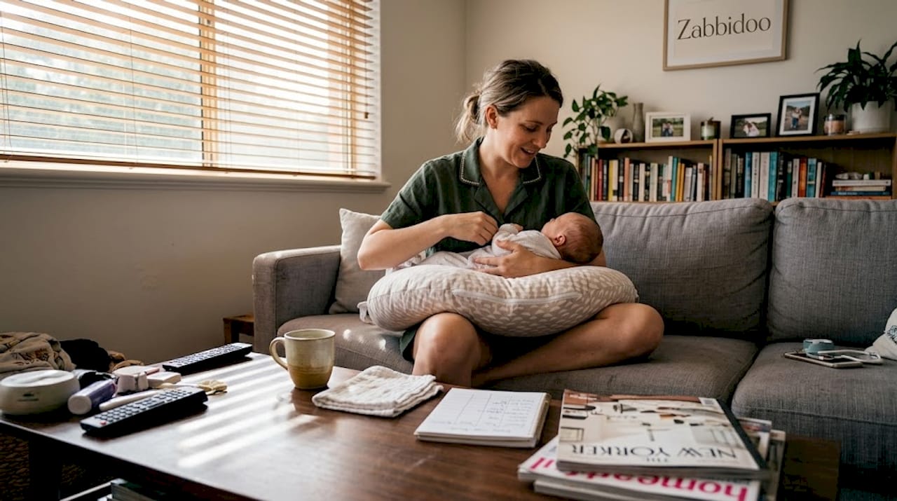 Mother adjusting pillow for newborn feeding