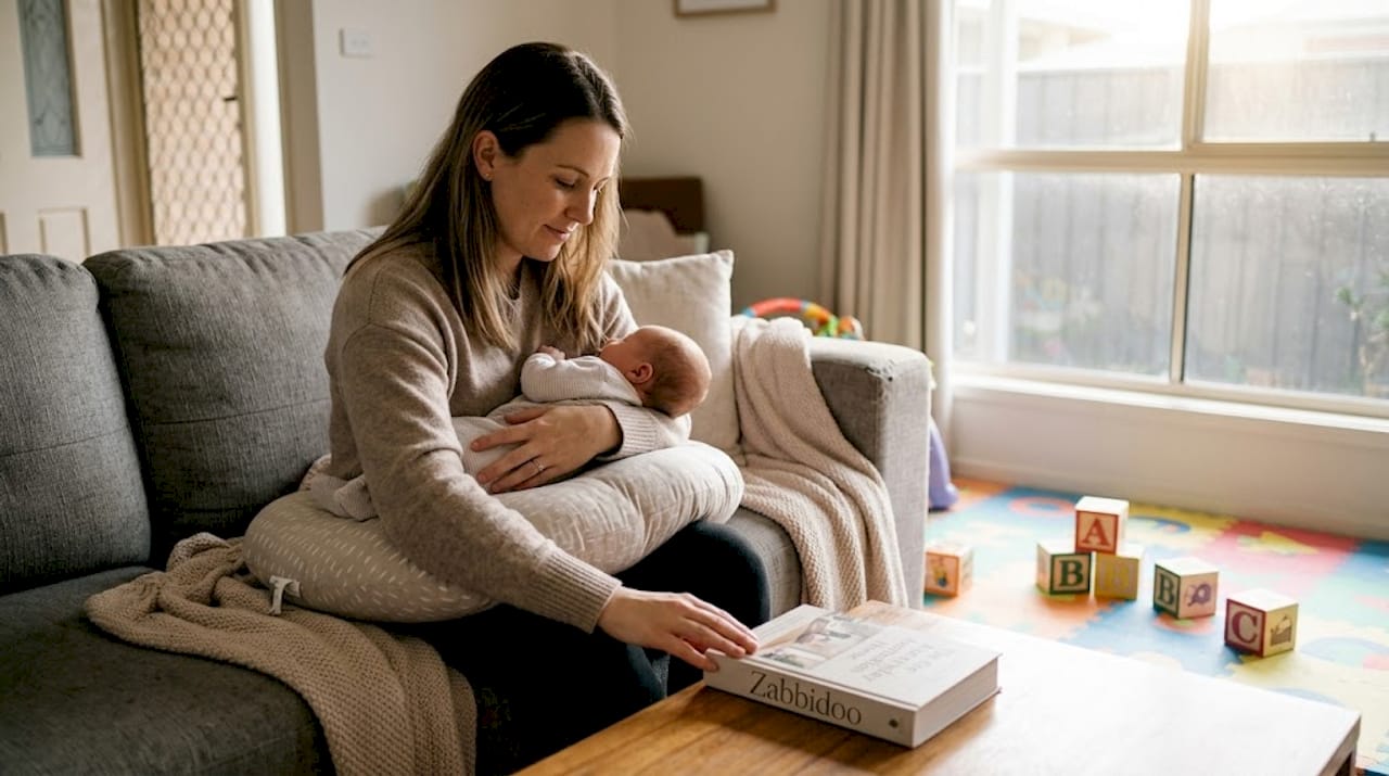 Mother using baby feeding pillow in living room