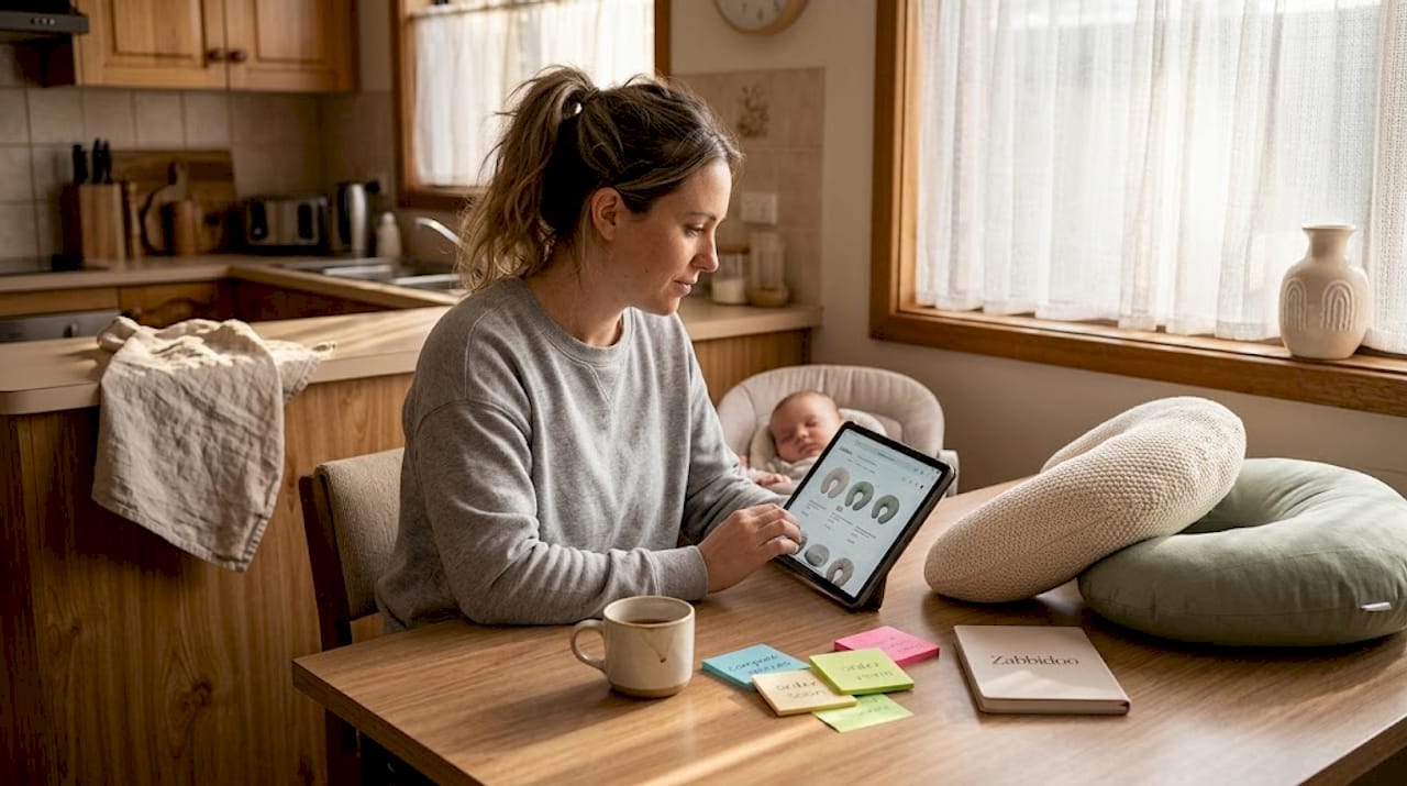 Mother researches nursing pillow alternatives at kitchen table