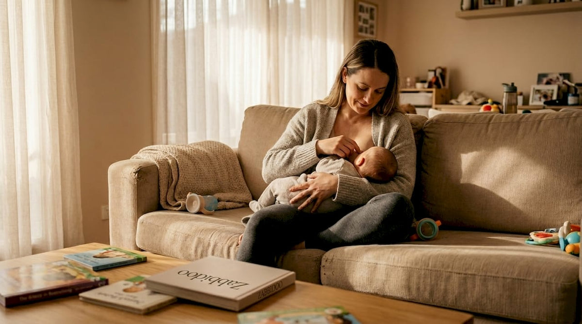 Mother nursing infant on sofa without pillow