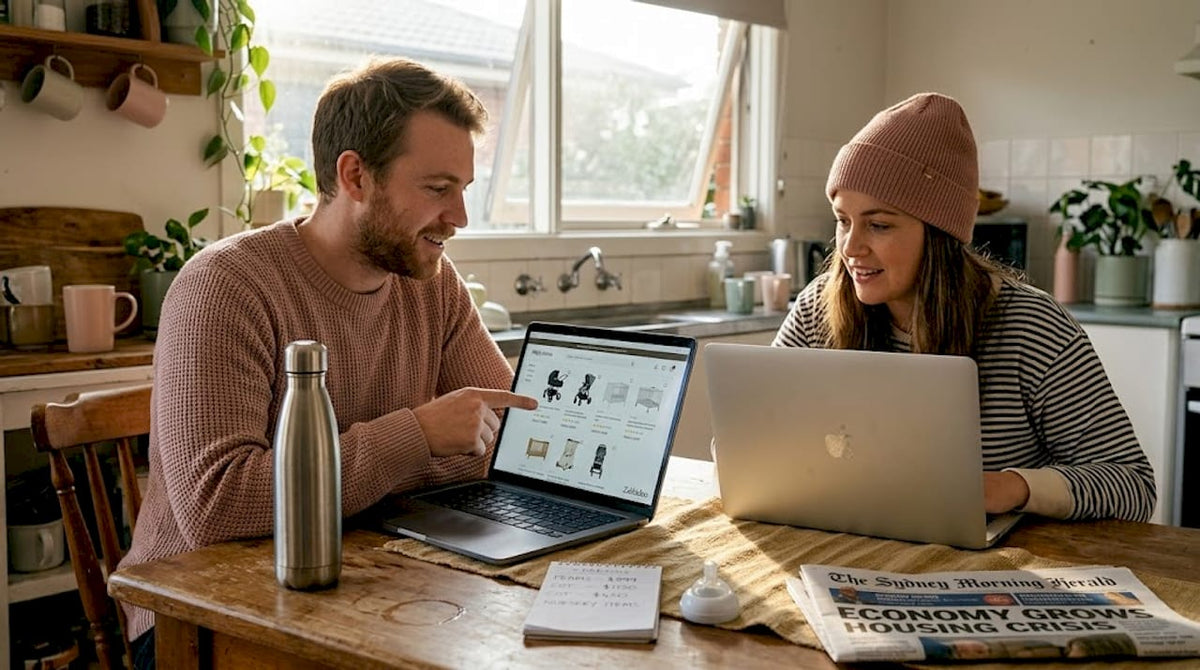 Parents research baby product alternatives at kitchen table