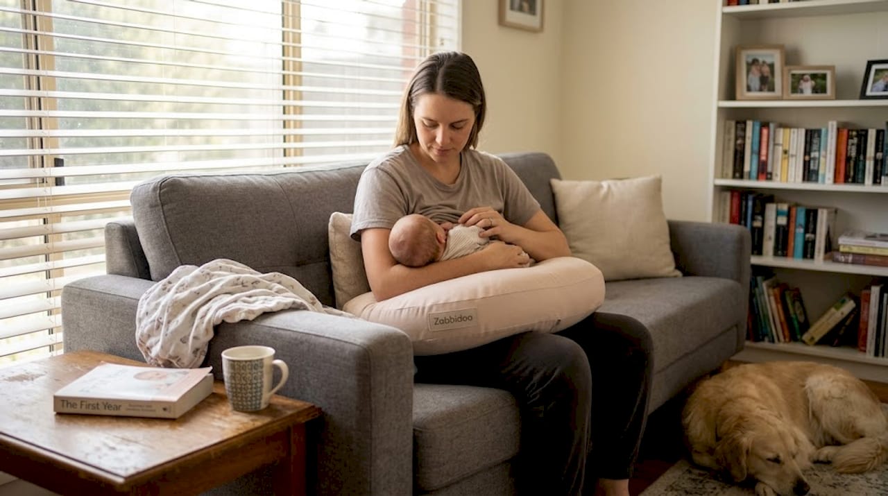 Mother using nursing pillow in bright living room