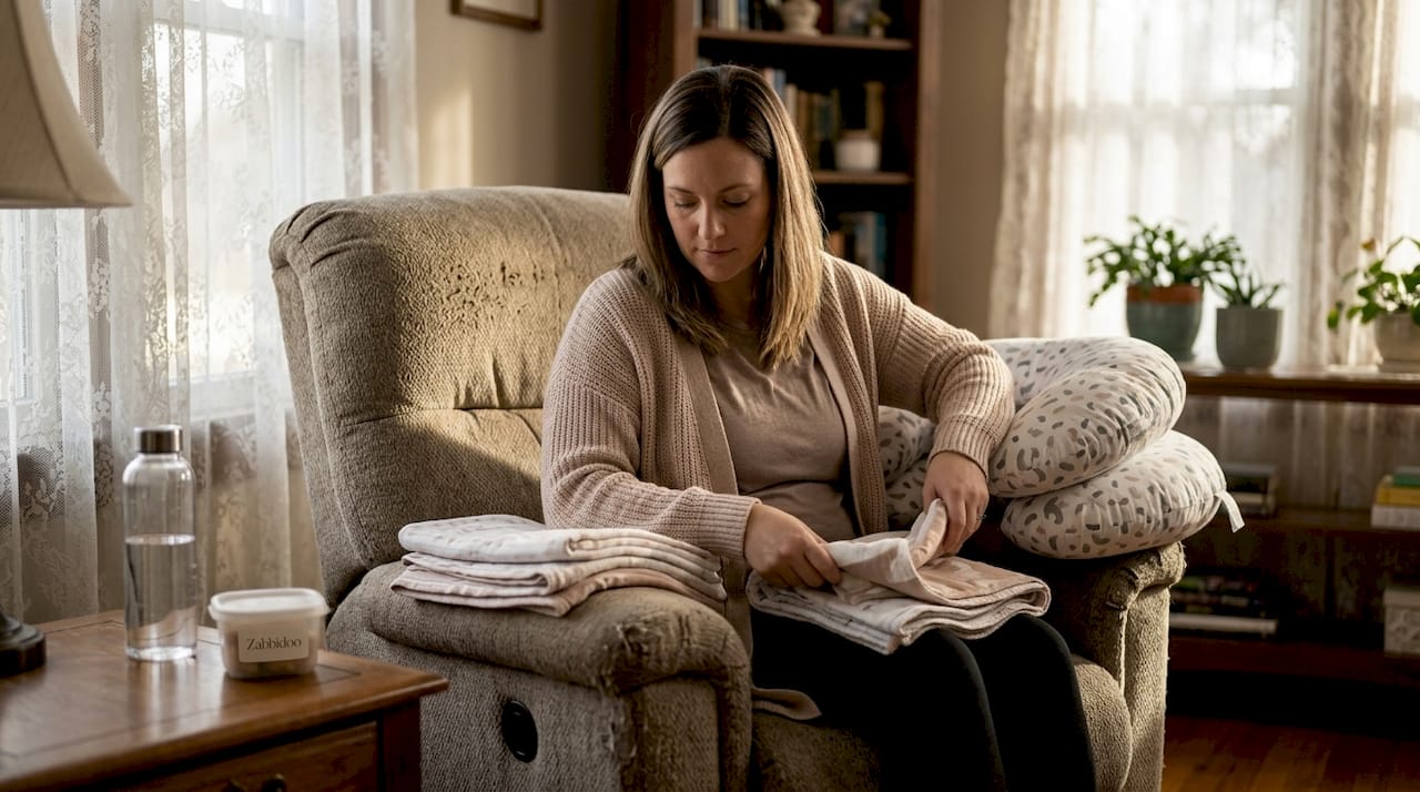 Mother preparing breastfeeding space with nursing pillows