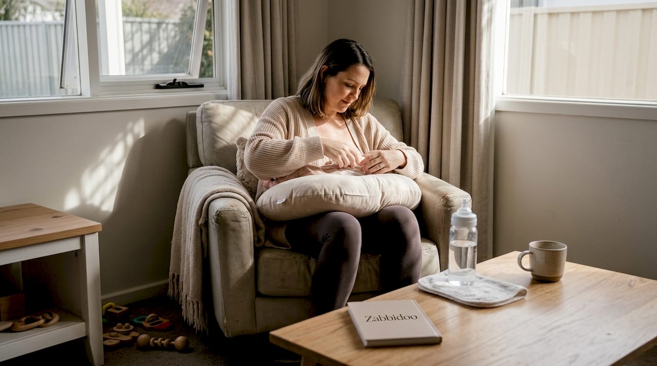 Mother preparing breastfeeding setup in living room