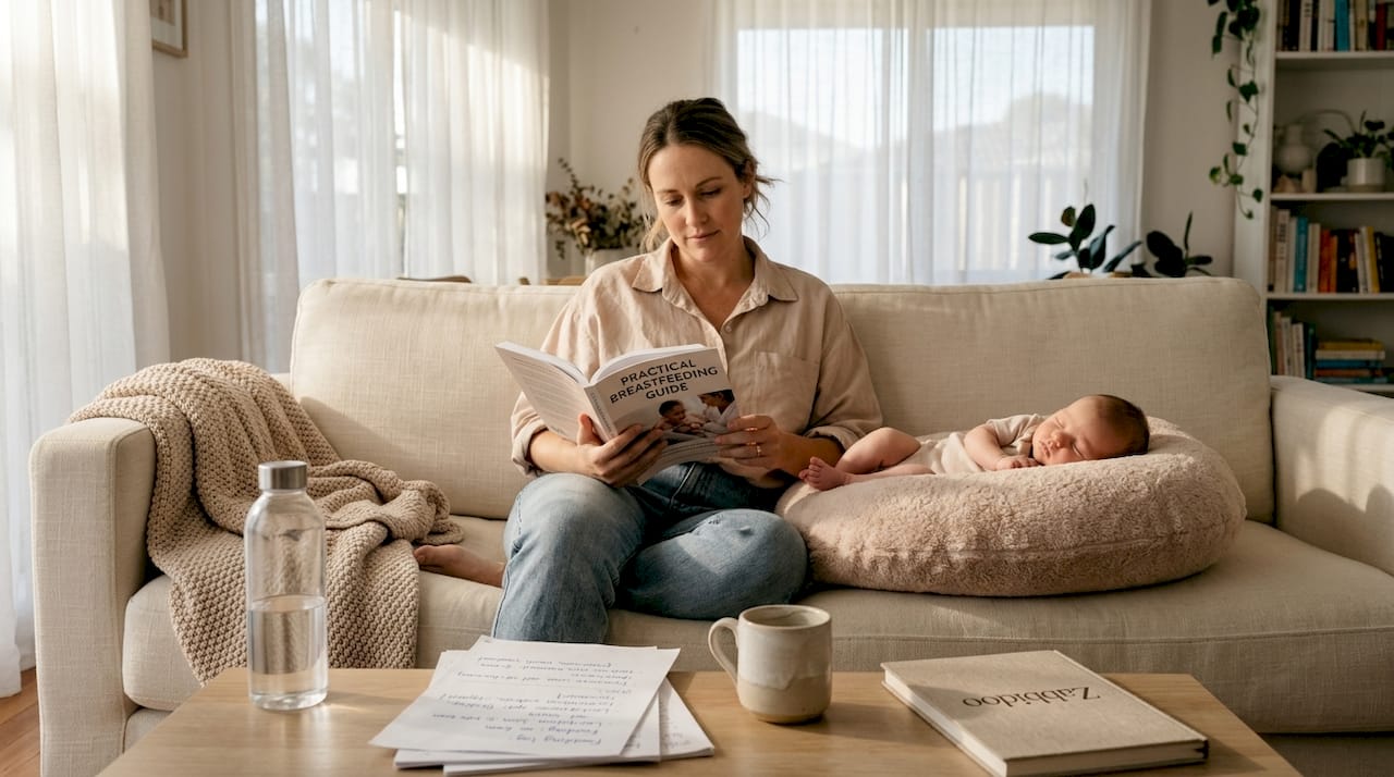 Mother reading breastfeeding guide in living room