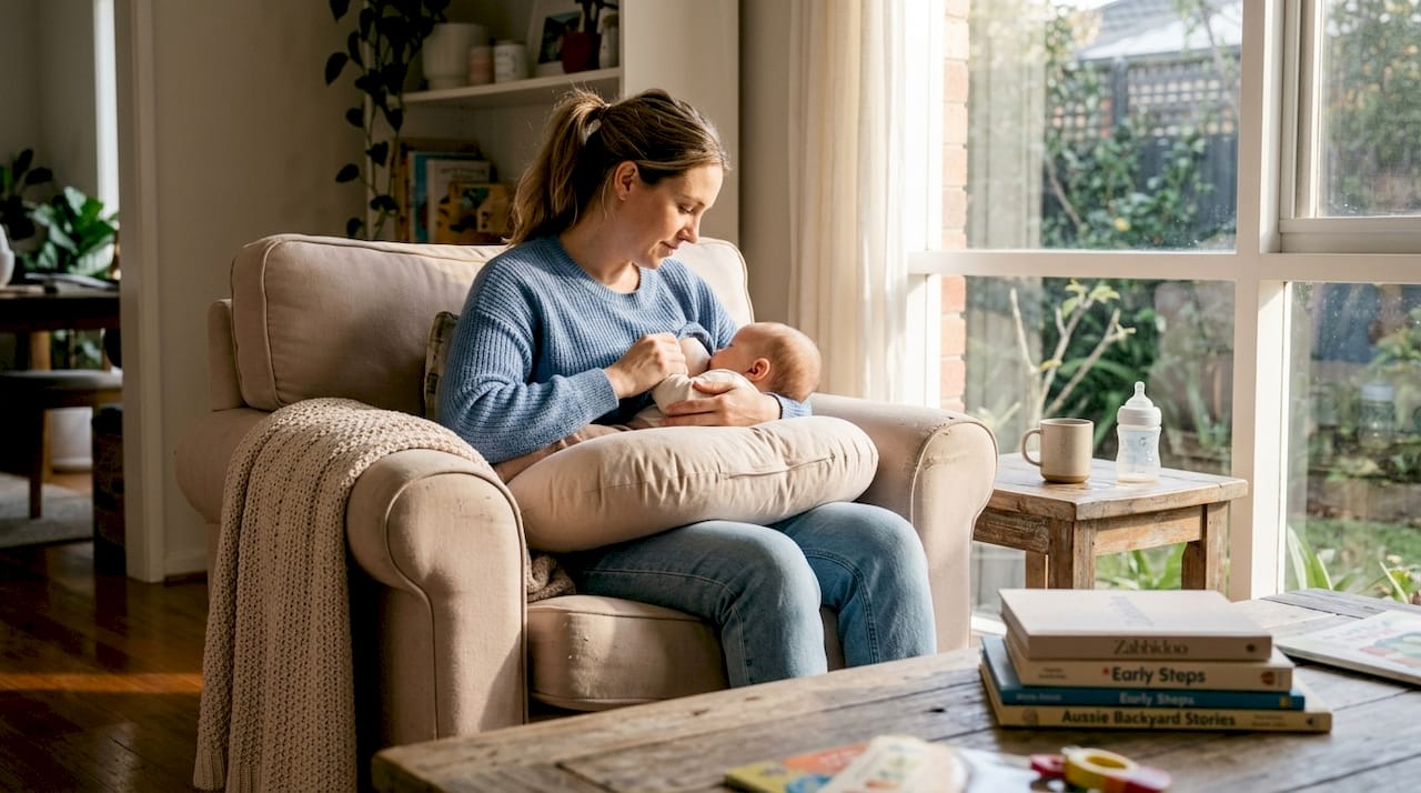 Mother nursing with a support pillow in living room