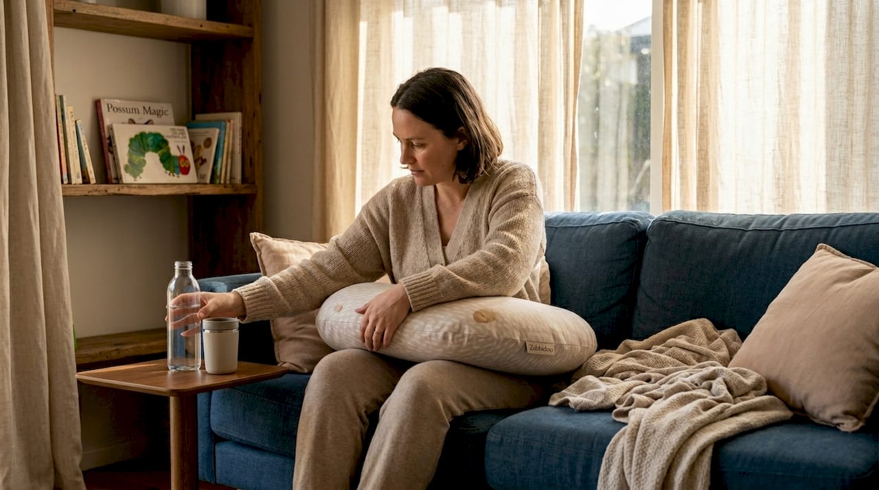 Parent adjusting feeding pillow in living room