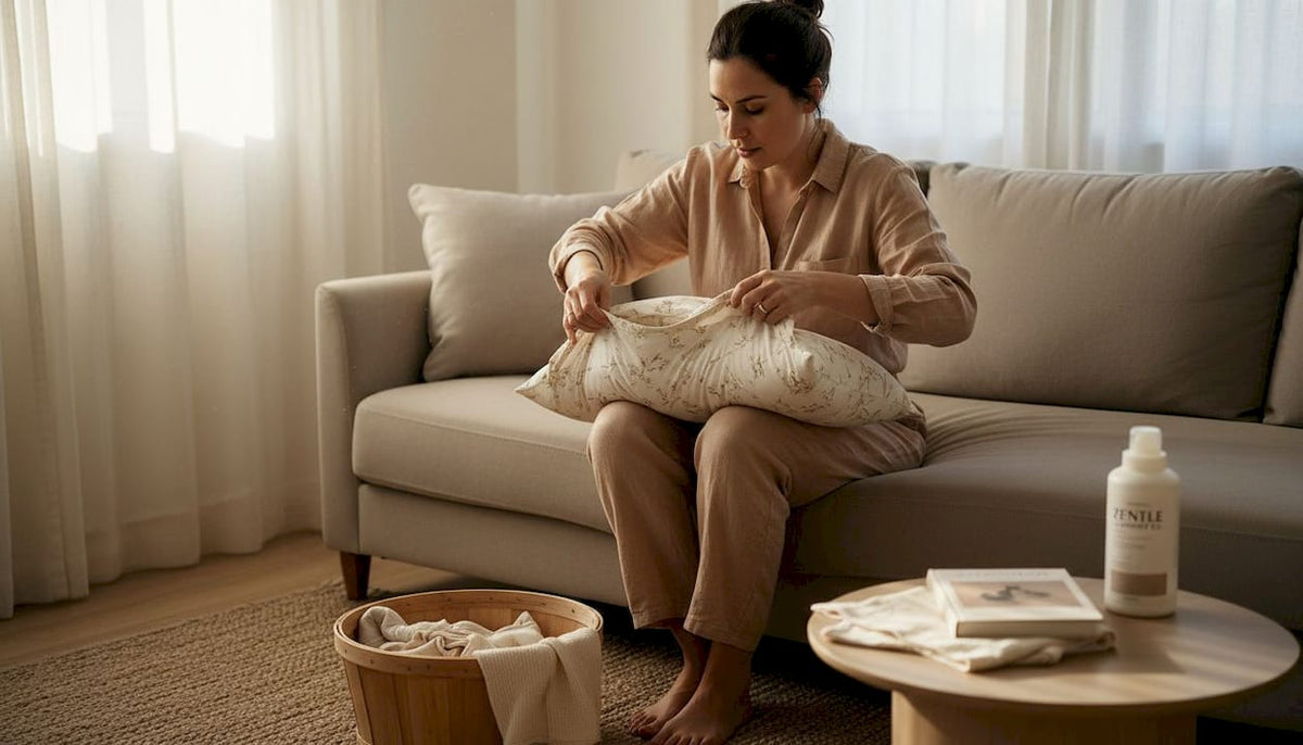 Mother removing cover from nursing pillow at home