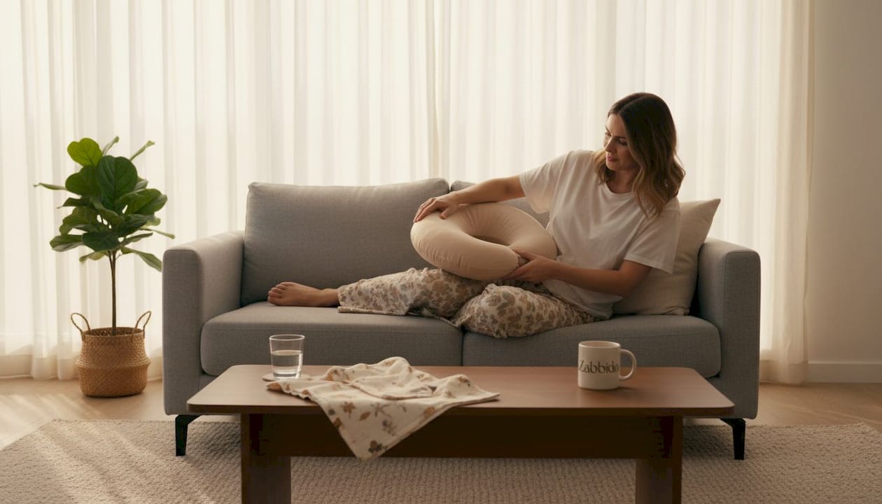 Mother plumping feeding pillow in cozy living room
