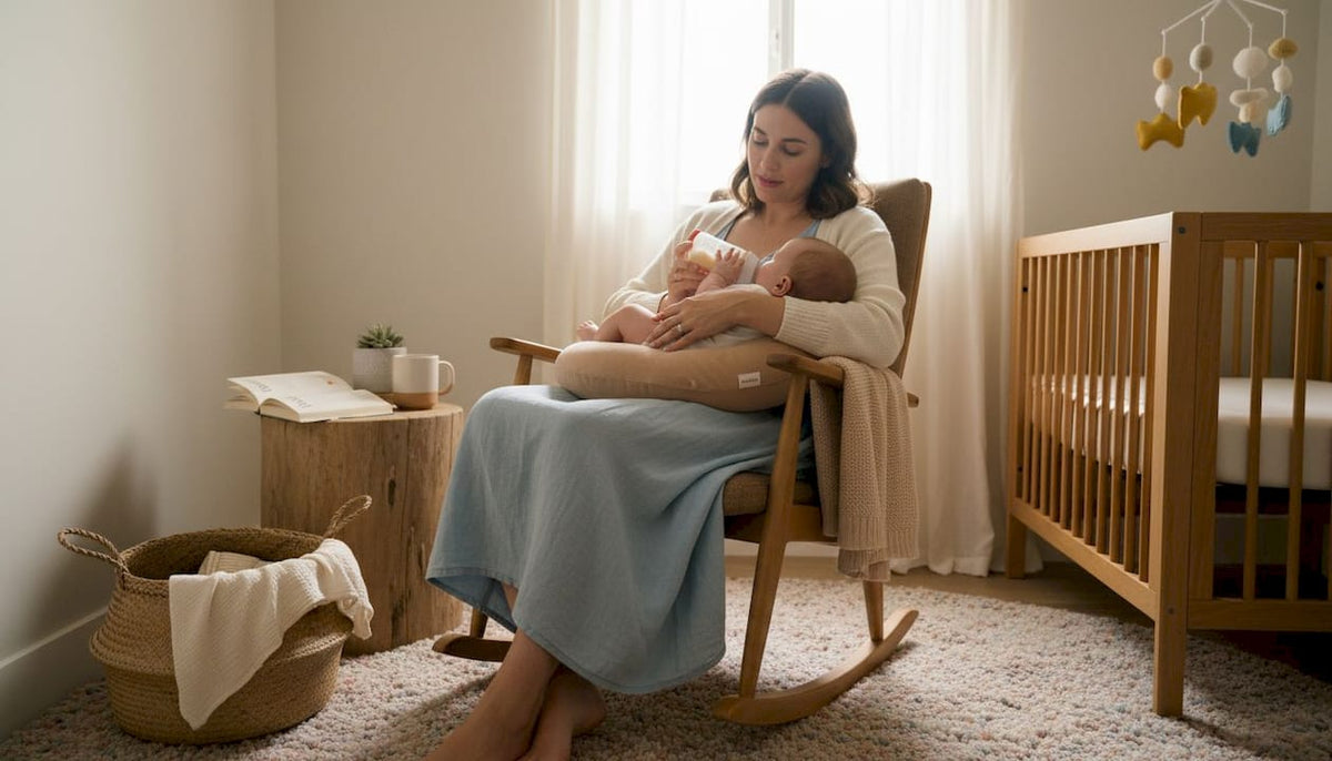 Mother feeding baby with propping pillow on sofa