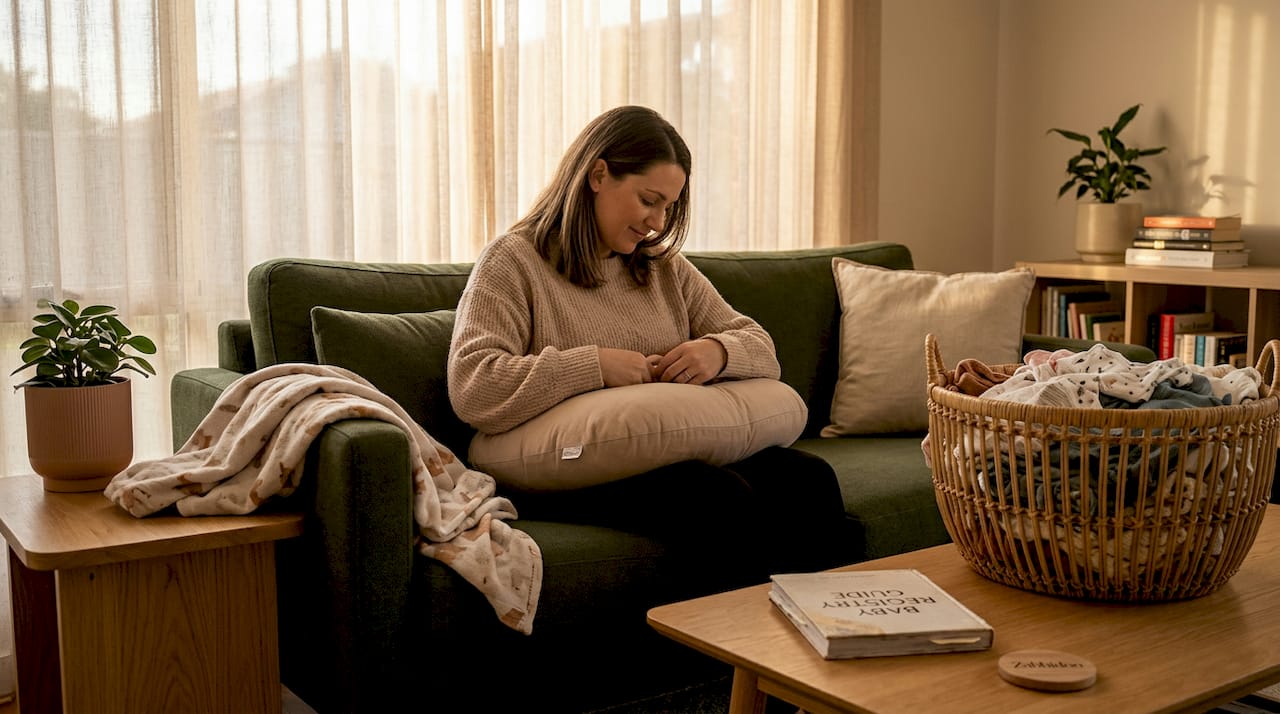 Mother using nursing pillow in cozy living room