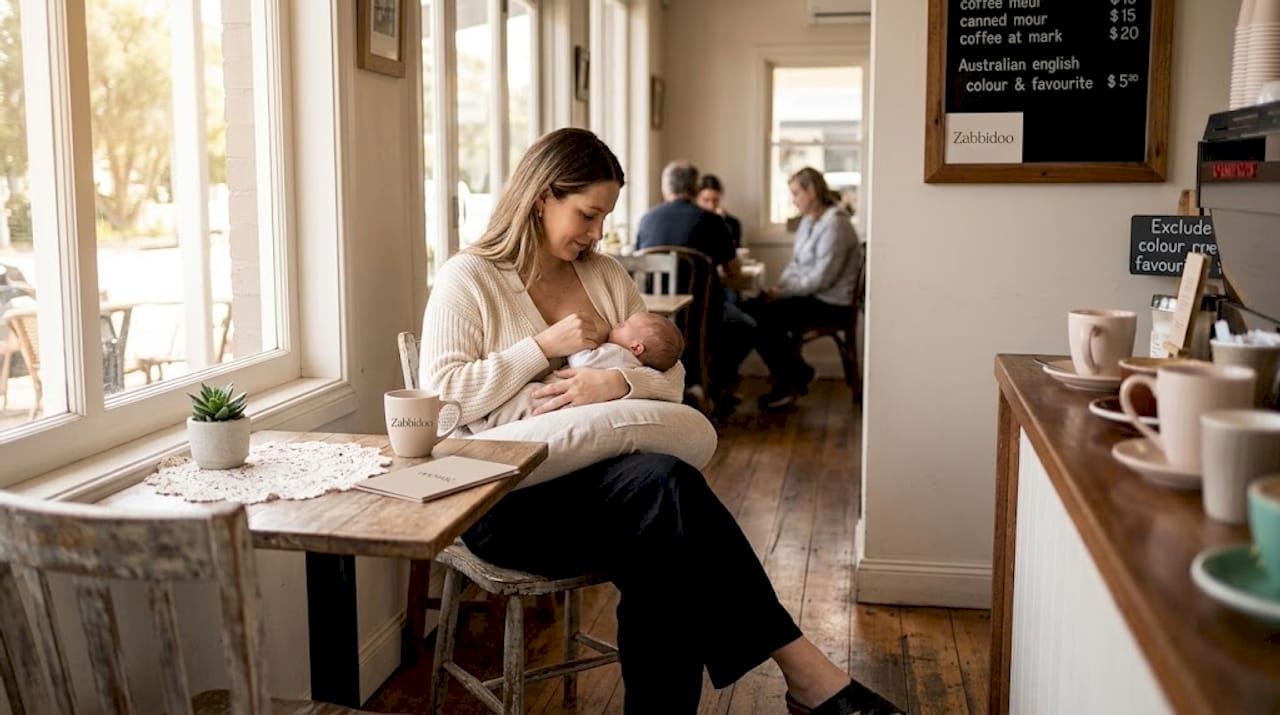 Mother feeding baby with nursing pillow in living room