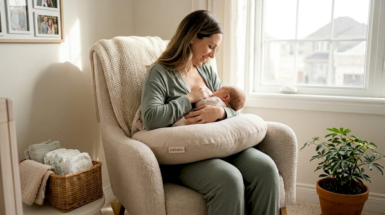 Mother nursing baby with linen pillow in living room