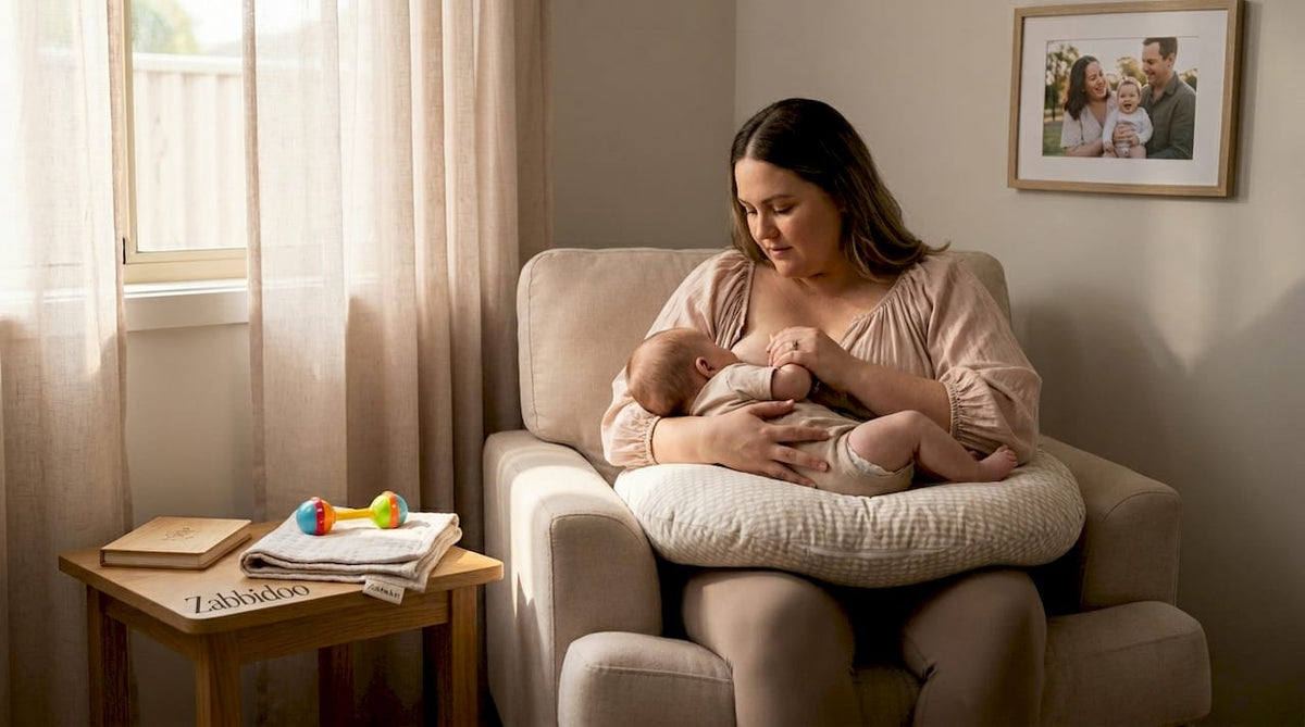 Plus size mom nursing baby with supportive pillow