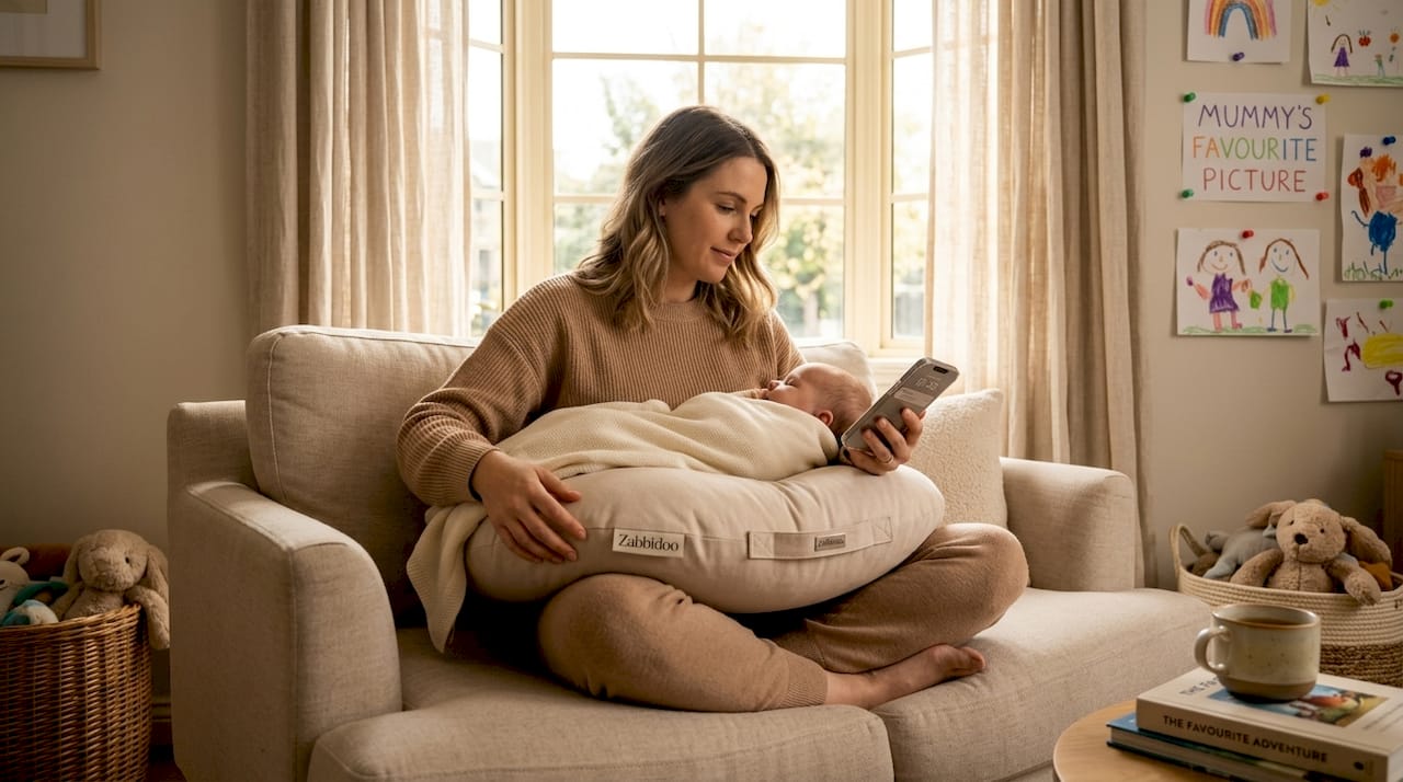 Mother using breastfeeding pillow on sofa