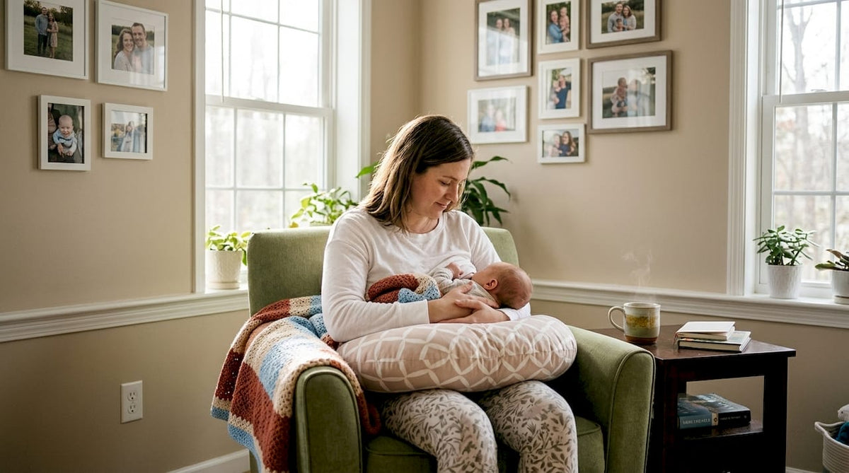 Mother using firm nursing pillow during feeding