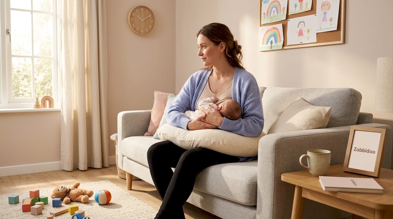 Mother breastfeeding in comfortable living room