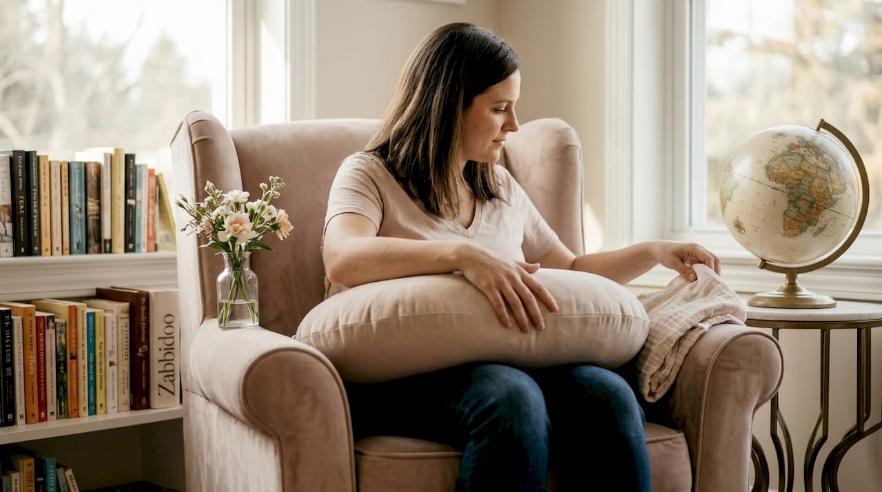 Caregiver adjusting firm nursing pillow on sofa