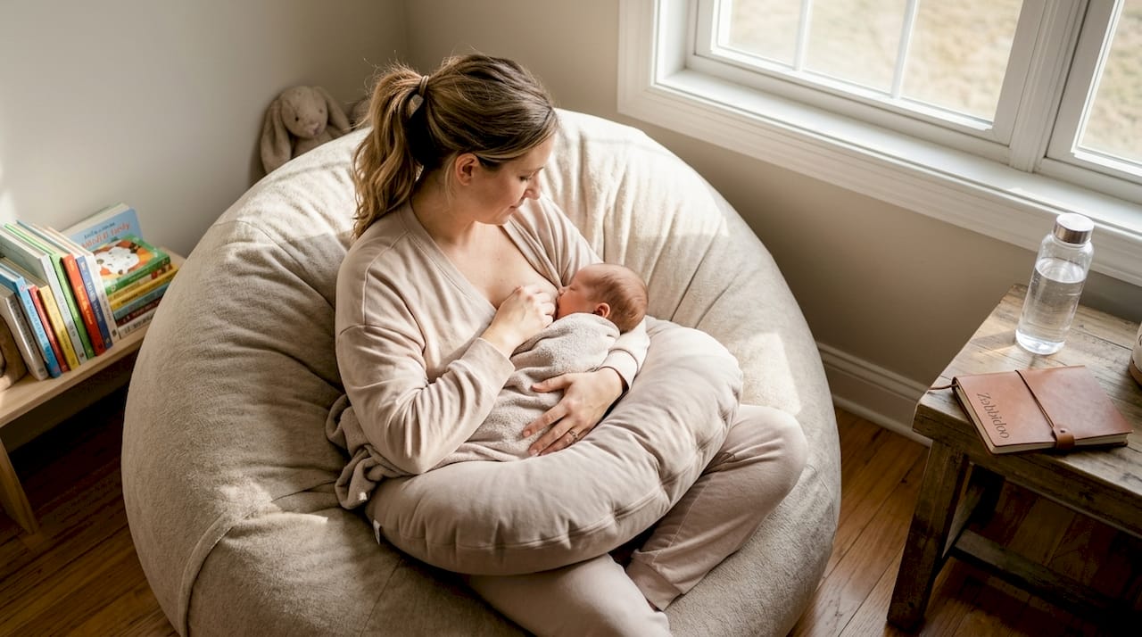 Nursing mother uses premium pillow for support