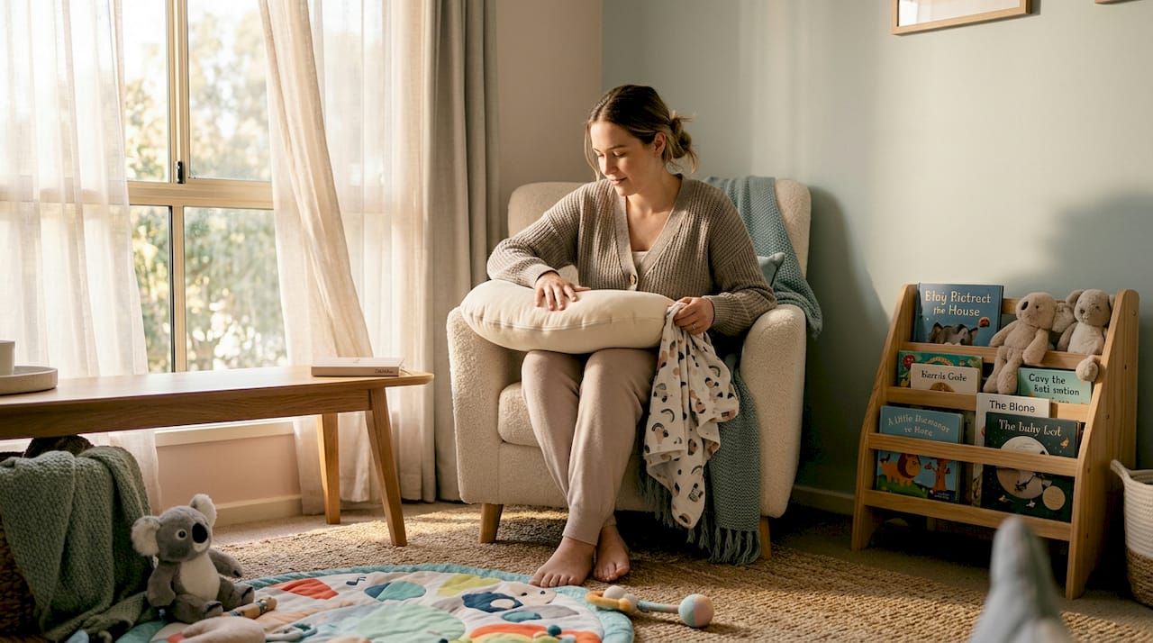Mother inspecting baby pillow in nursery