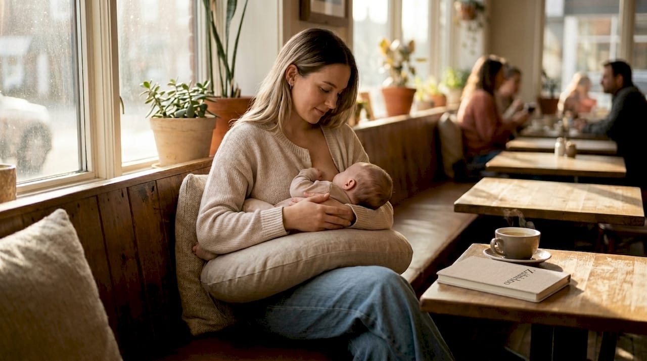 Mother breastfeeding using pillow for support