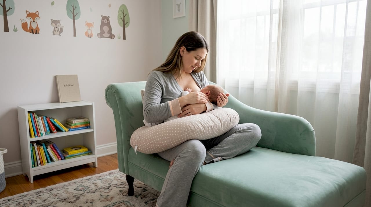 Mother using ergonomic nursing pillow with baby