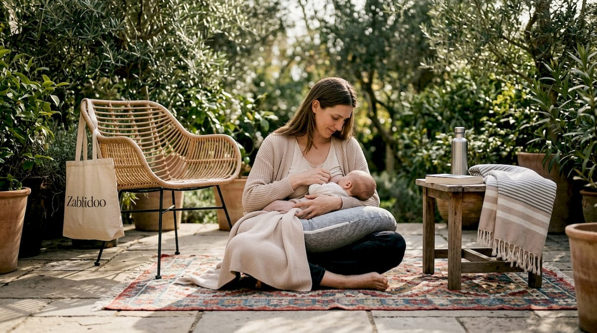 Tall mother breastfeeding with supportive nursing pillow in nursery