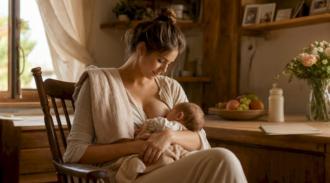 Mother gently feeding and soothing newborn