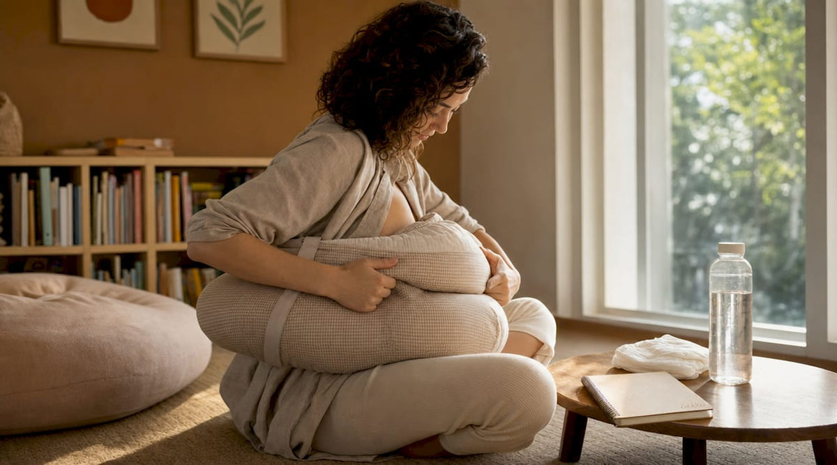Mother using wide nursing pillow in nursery
