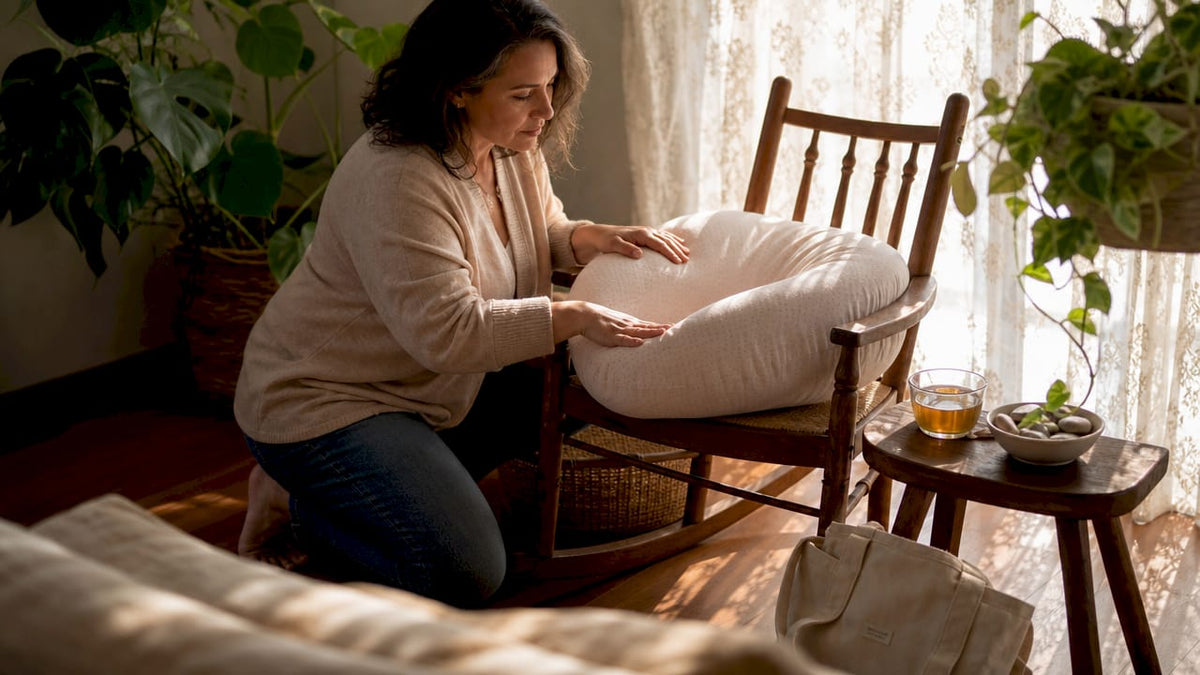 Woman testing nursing pillow firmness at home