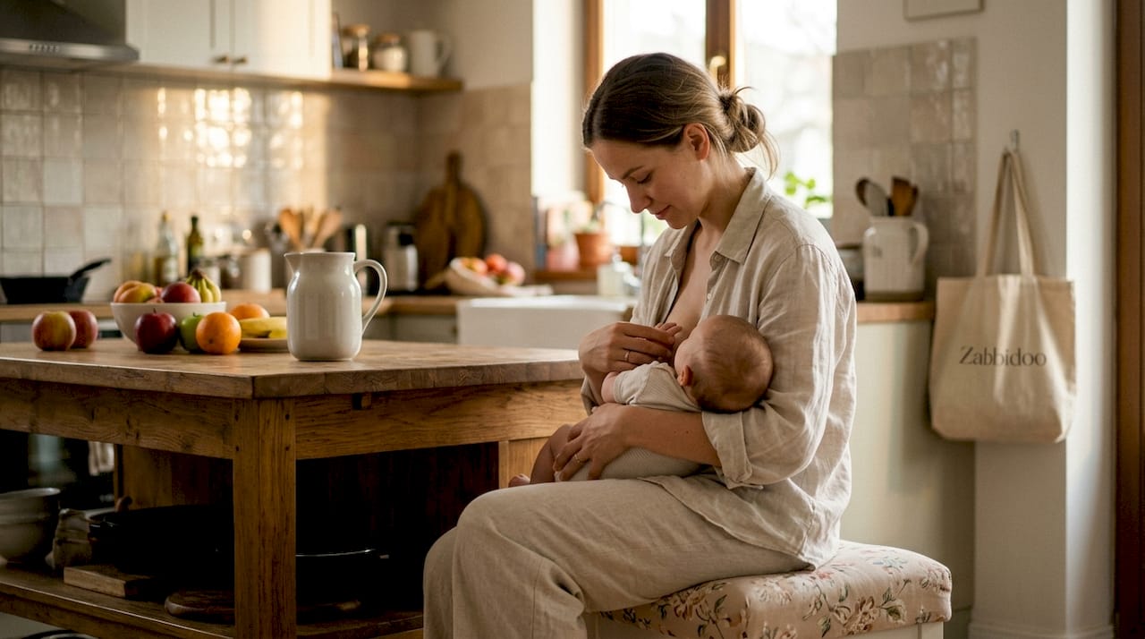 Mother practicing breastfeeding latch and positioning
