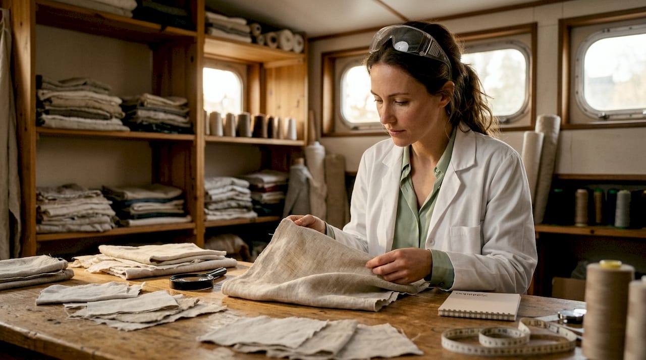 Scientist examining washed linen fabric texture
