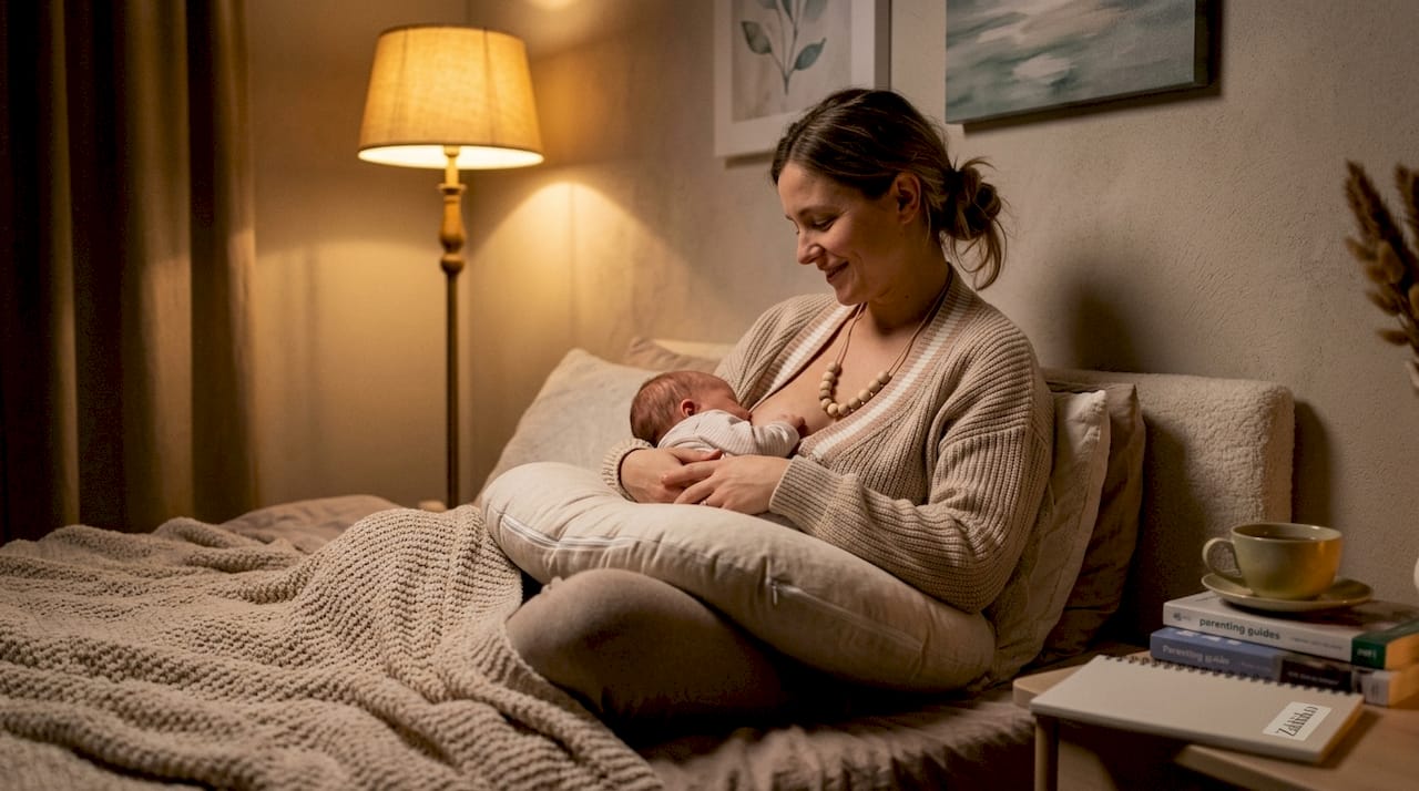 Mother comfortably holding baby during night feed
