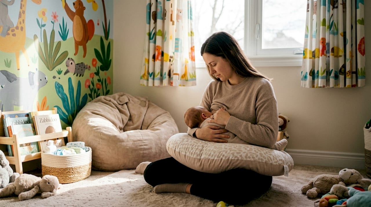 Mother breastfeeding baby using nursing pillow in nursery