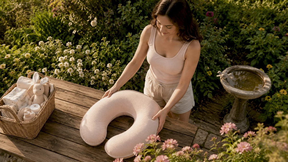 Mother arranging nursing pillow in nursery room