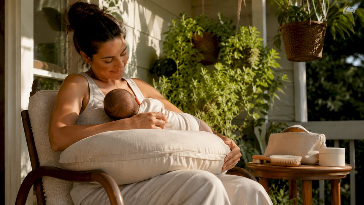 Mother nursing with linen cotton pillow in nursery