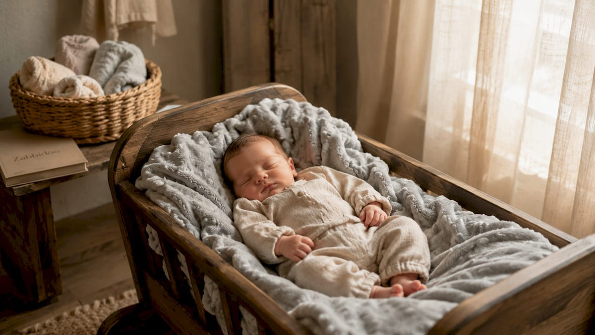 Newborn baby wearing linen clothes in crib