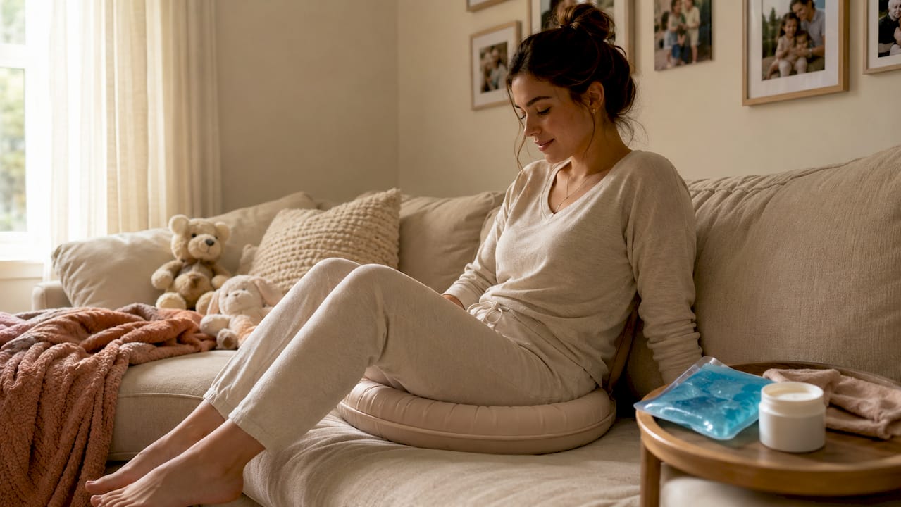 Mother using perineal cooling cushion at home