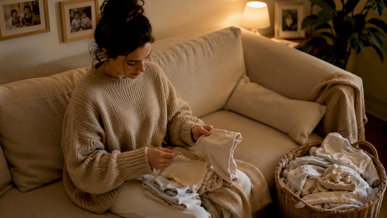 Mother folding breathable baby clothes in nursery