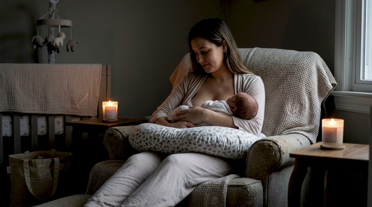 New mum feeding baby in dim nursery lighting